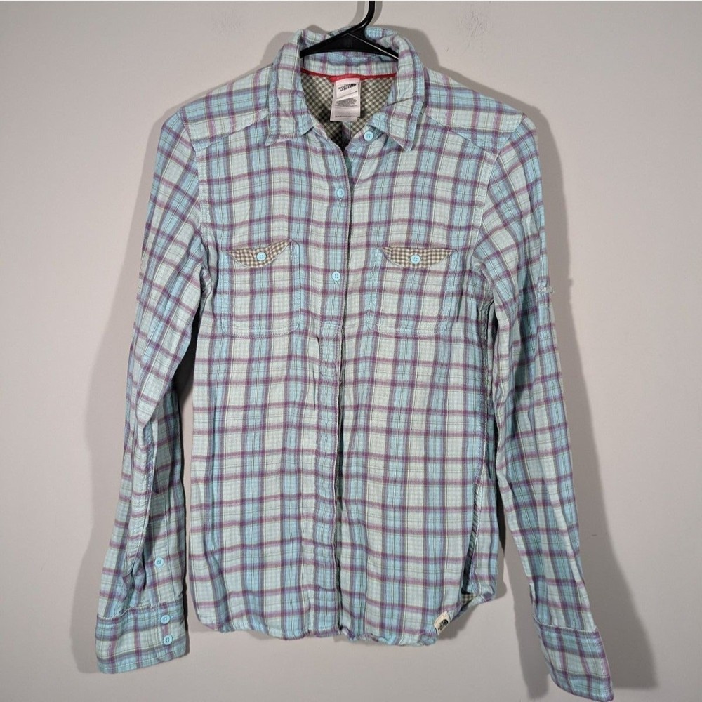 The North Face Top Women XS Blue Plaid Flannel Outdoor Hiking Button Down Sh…